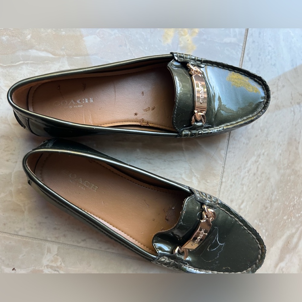 Coach metallic olive green slip on loafer size 6with gold hardware